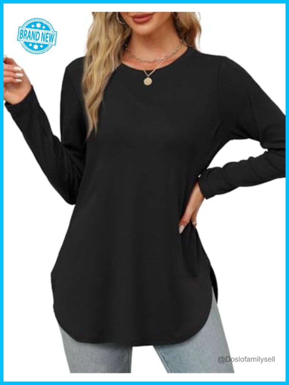 XIEERDUO Womens Long Sleeve Round Neck Tunic Top Side Split Loose Casual Shirt